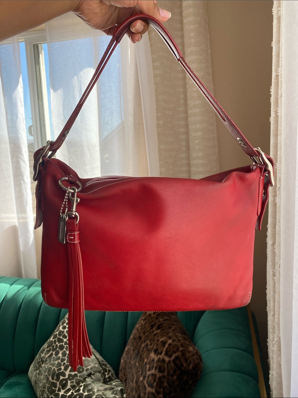 Red Coach East West Duffle Shoulder Bag with Tassel